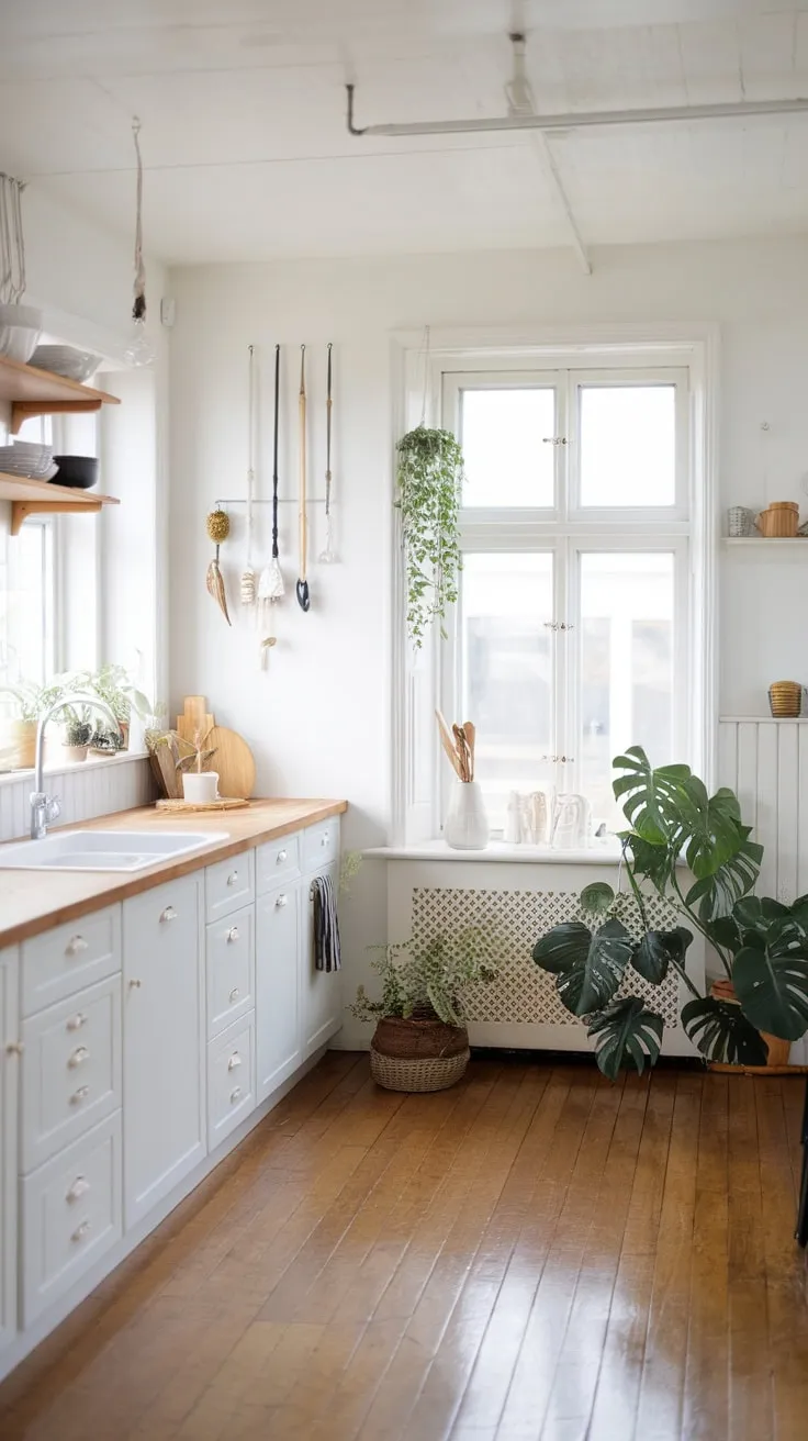 A bright, minimalist Japandi kitchen features white cabinets, a wooden countertop, and natural light, creating a calming and modern space.