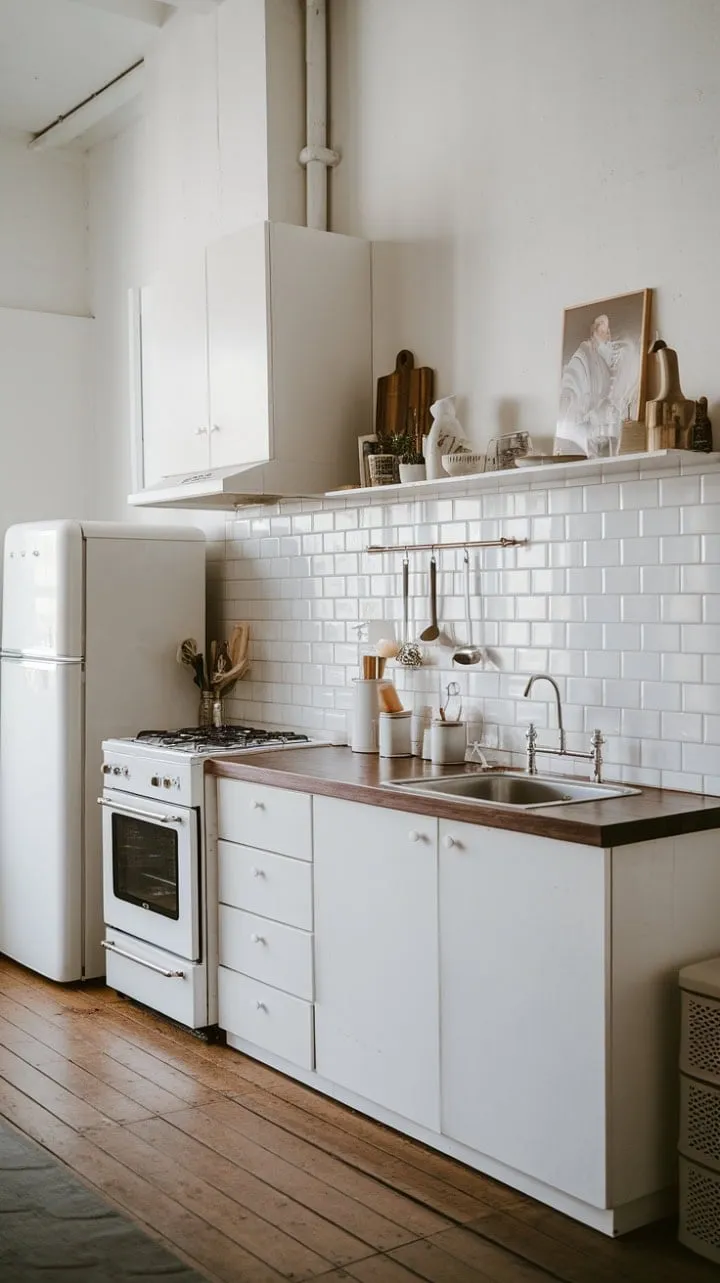 A serene cooking space emerges from the harmonious blend of dark wood and white cabinetry, embodying the minimalist elegance of Japandi and Scandinavian design.
