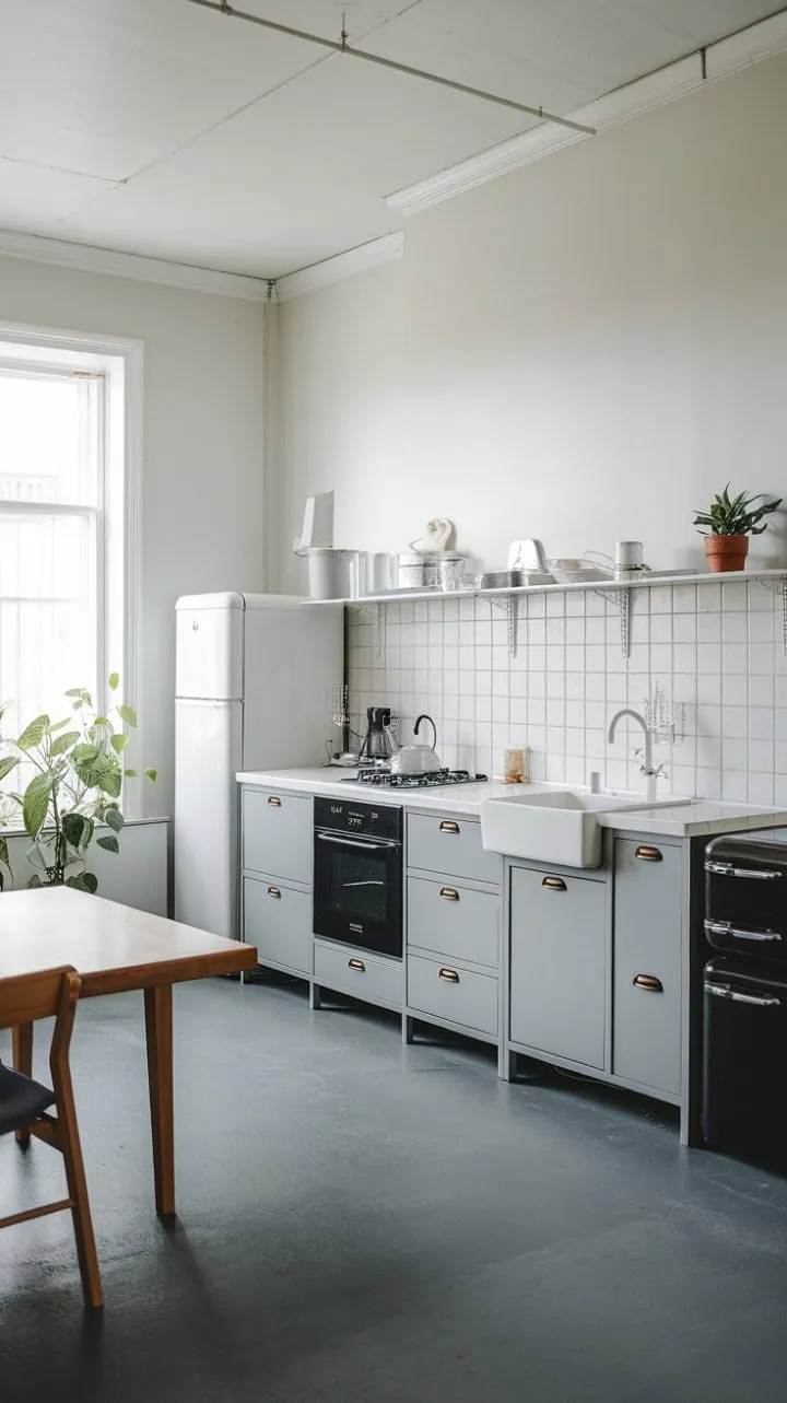 This modern Japandi kitchen harmoniously blends clean lines and natural elements, featuring grey cabinets, white countertops, and a cozy wooden dining table for a serene yet stylish atmosphere.