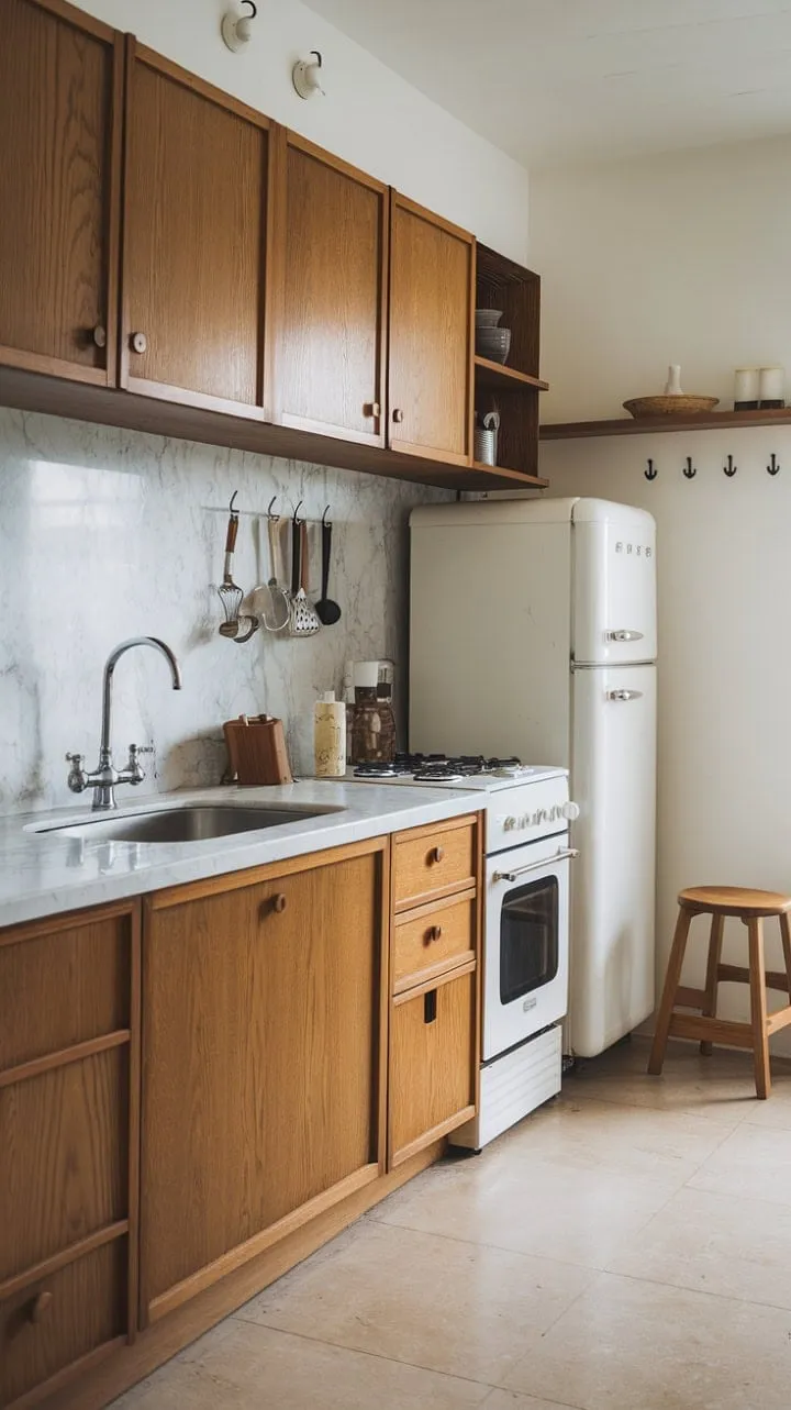 This Japandi kitchen harmoniously blends clean lines and natural materials, showcasing warm wood cabinetry and a cool marble countertop for a serene yet functional space.