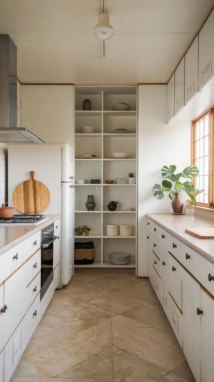 This minimalist kitchen harmoniously fuses Japanese and Scandinavian design with clean lines and soothing neutrals, showcasing a thoughtfully designed pantry and a wooden cutting board poised for culinary creativity.