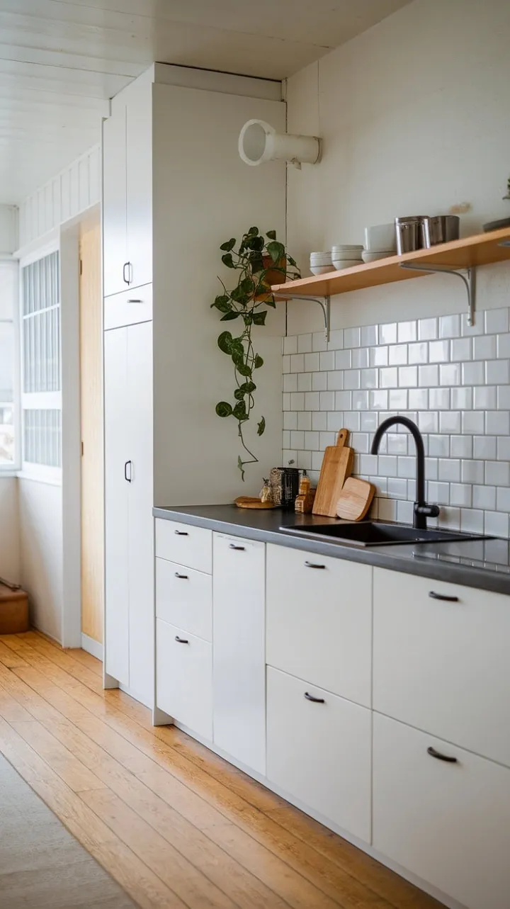 This Japandi kitchen harmoniously fuses sleek modernity with warm natural elements, featuring a striking black-and-white palette complemented by inviting wood tones and a lively potted plant.