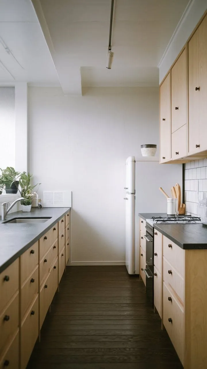 This Japandi kitchen harmoniously fuses modern elegance with traditional Japanese simplicity, creating a serene space ideal for culinary creativity and peaceful reflection.