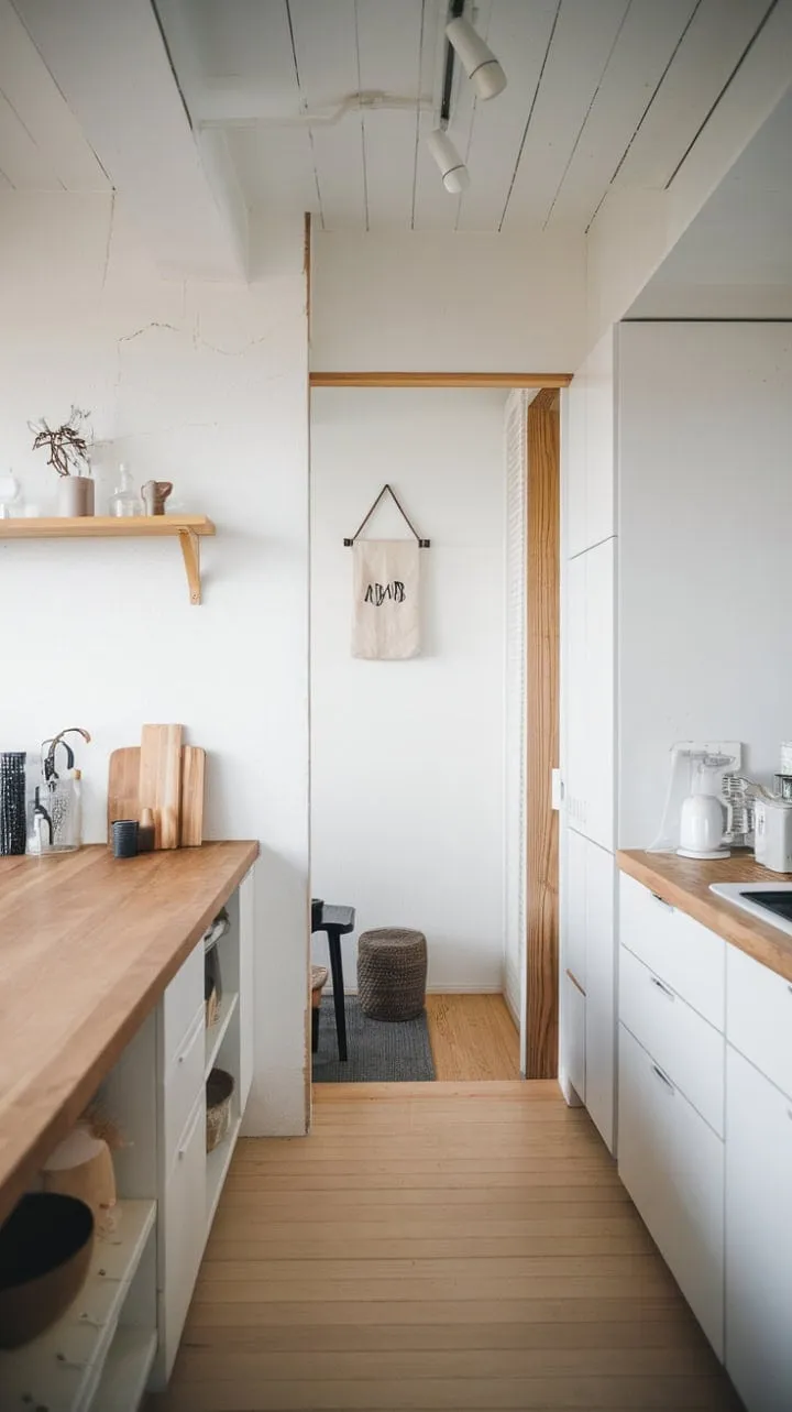 Bathed in natural light, this Japandi kitchen harmoniously blends Scandinavian simplicity with Japanese warmth, where a minimalist wooden countertop embodies a serene, mindful lifestyle.