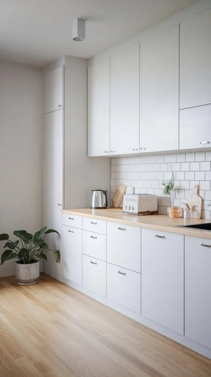 In this serene Japandi kitchen, light dances on clean white cabinets and a warm wood countertop, creating a tranquil haven enhanced by a simple plant for a touch of nature.