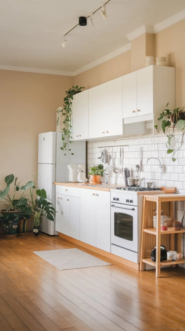 A minimalist Japandi kitchen design showcases clean white cabinetry, light beige walls, and natural wood flooring, creating a bright and airy space with minimal appliances and carefully placed plants.