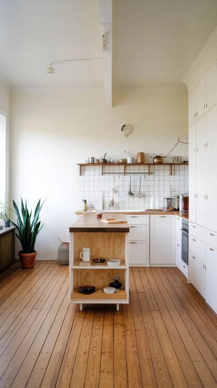 A minimalist Japandi kitchen's wooden island and white walls create a bright, airy space enhanced by natural light and a touch of greenery.