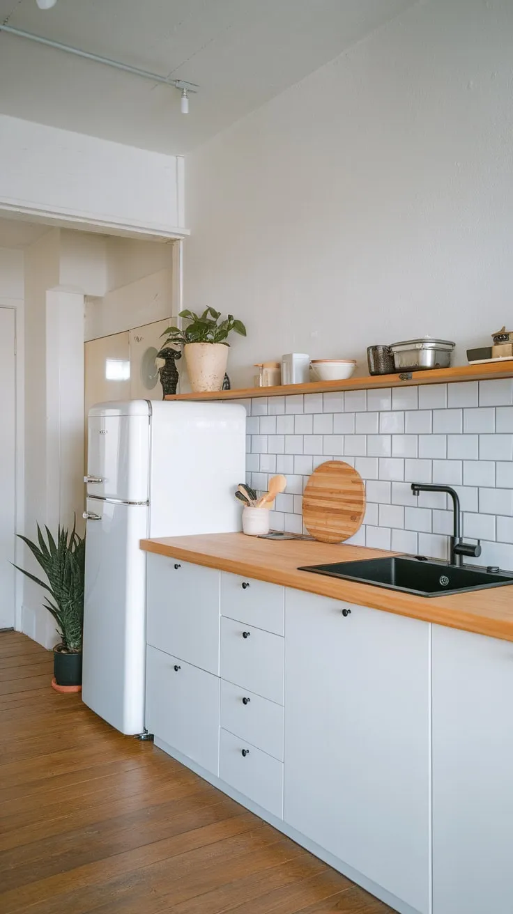 Clean lines and natural materials define this Japandi minimalist kitchen, a haven of calm and functionality.