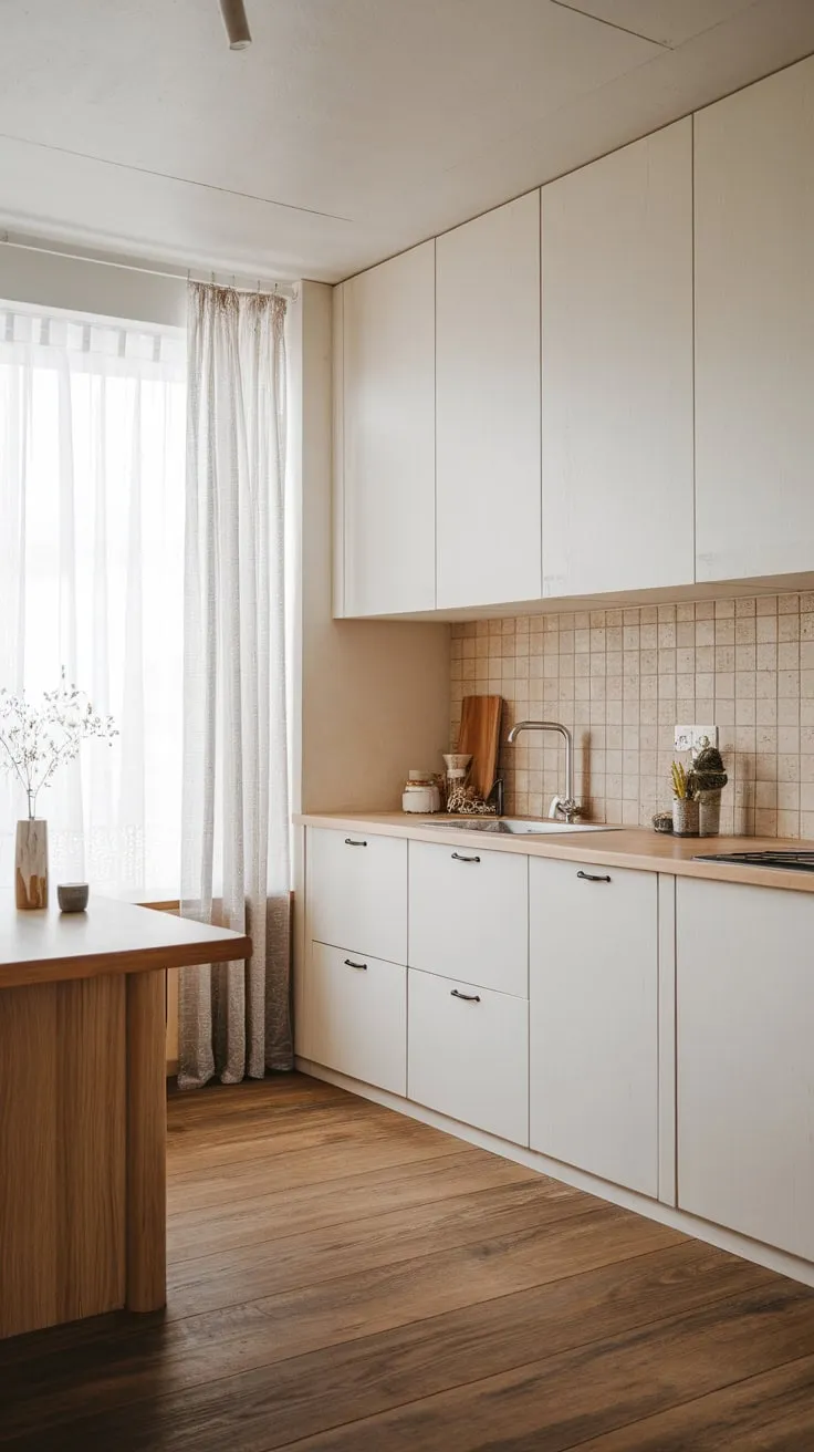 Clean lines and natural materials define this Japandi-inspired minimalist kitchen, showcasing a serene Scandinavian aesthetic.