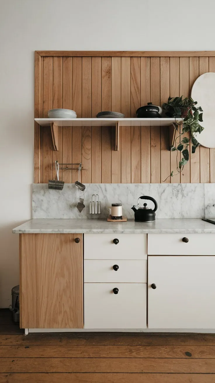 Clean lines and natural materials define this Japandi minimalist kitchen, showcasing a serene blend of wood, marble, and white.