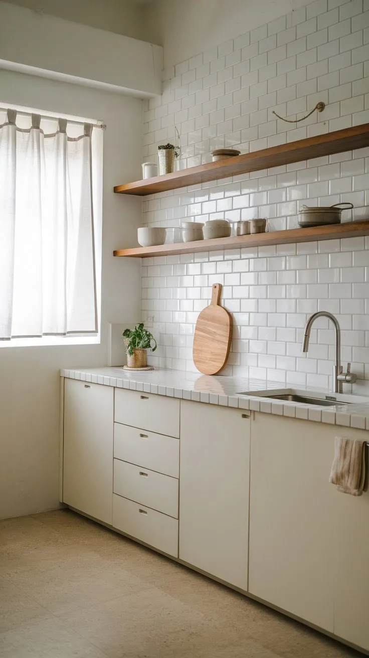 Clean lines and natural wood accents define this minimalist Japandi kitchen's serene aesthetic