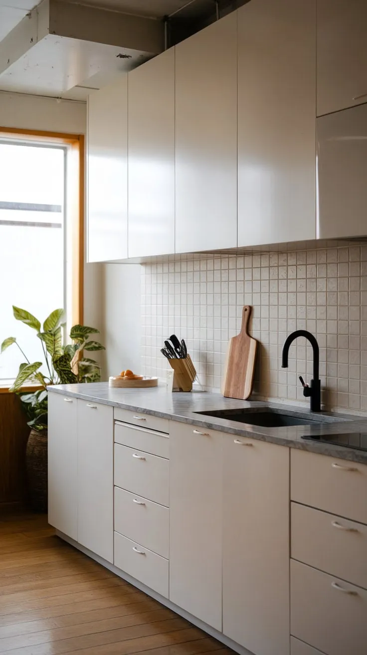 Sleek white cabinets, grey marble, and natural light create a serene Japandi minimalist kitchen.