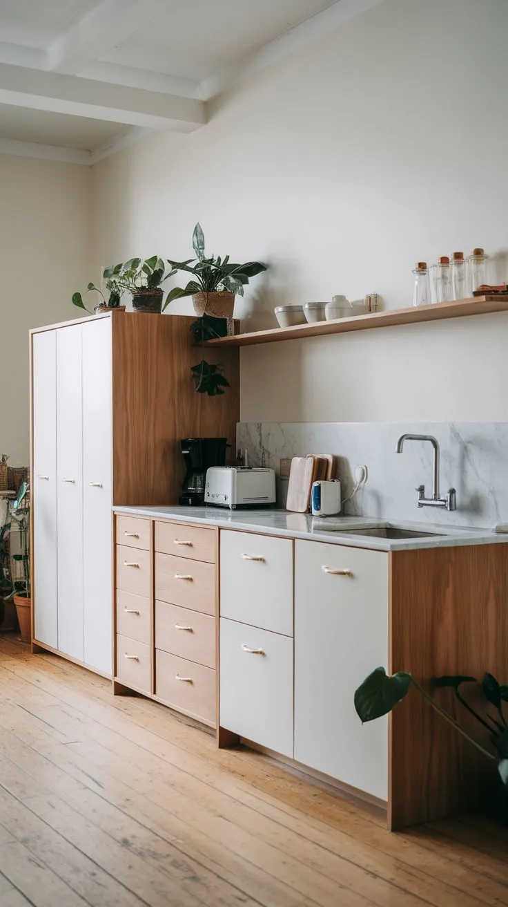 Clean lines and natural materials define this Japandi minimalist kitchen, showcasing a serene blend of wood, white, and marble.