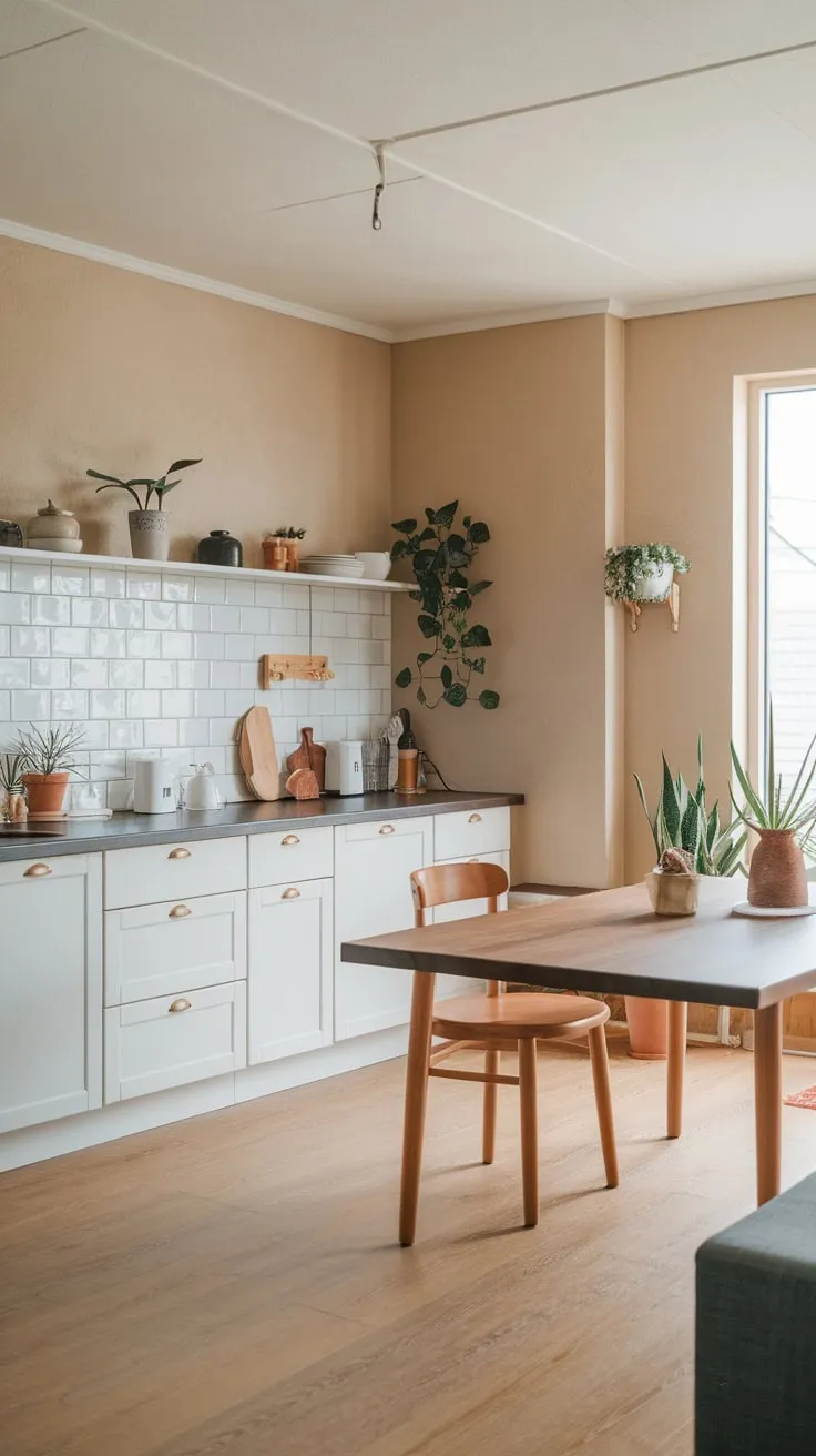 A minimalist Japandi kitchen design featuring light wood and a neutral palette evokes a serene and inviting atmosphere.