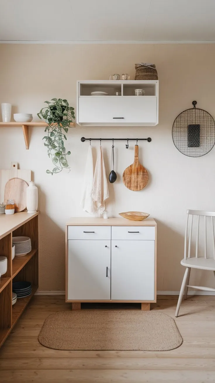 A Scandinavian-inspired minimalist kitchen features clean lines, neutral tones, and carefully curated items for a peaceful atmosphere.