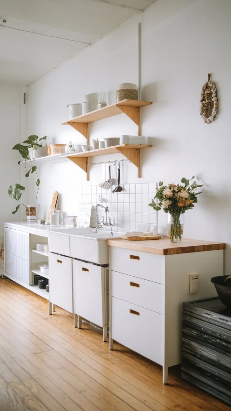 A bright, airy kitchen showcases minimalist design with white cabinets and warm wood accents.