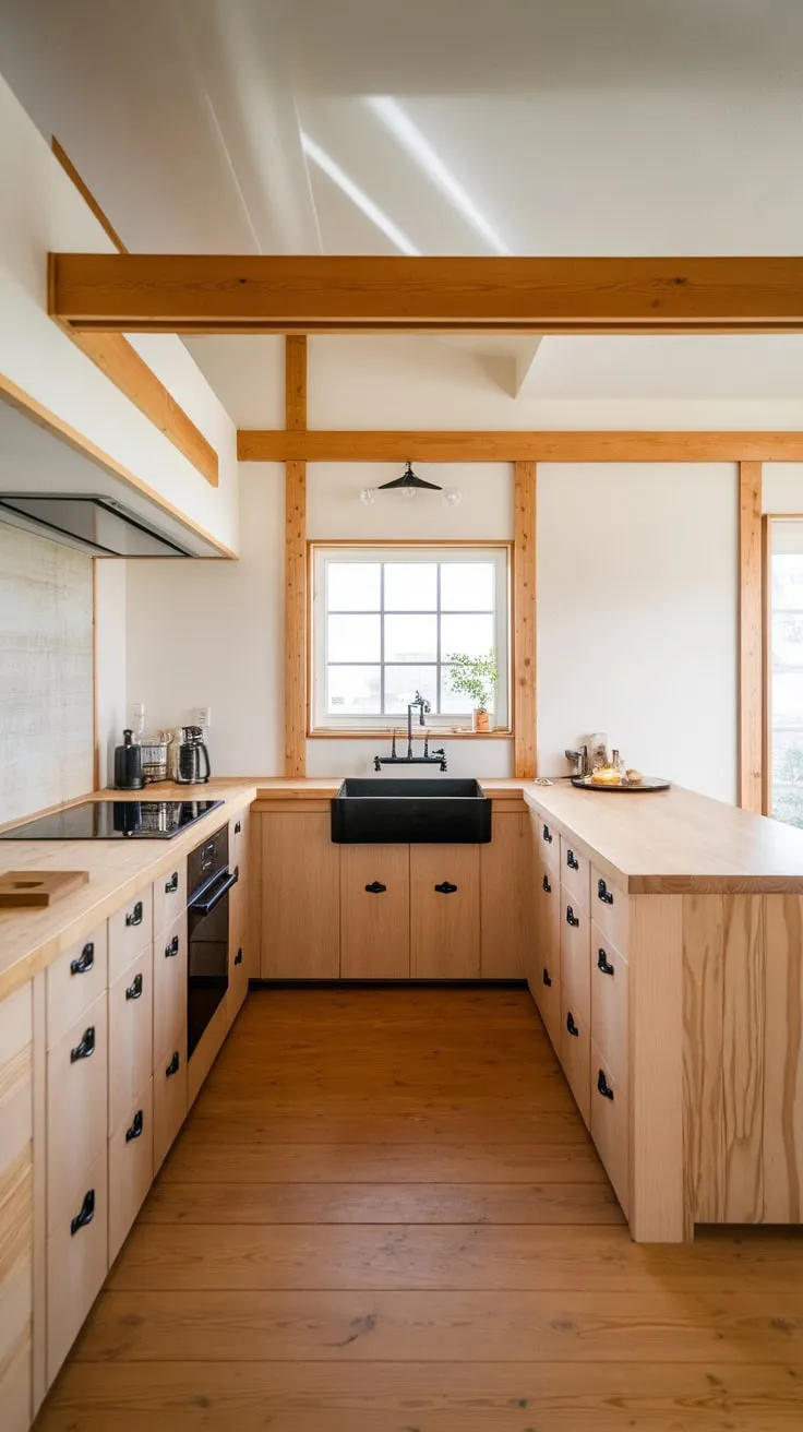 A sunlit Japandi kitchen showcases minimalist design with light wood and black contrasts for a calming atmosphere.