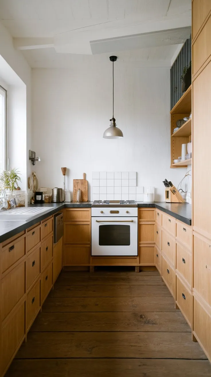 Clean lines and natural wood define this Japandi minimalist kitchen, showcasing a serene blend of Japanese and Scandinavian aesthetics.