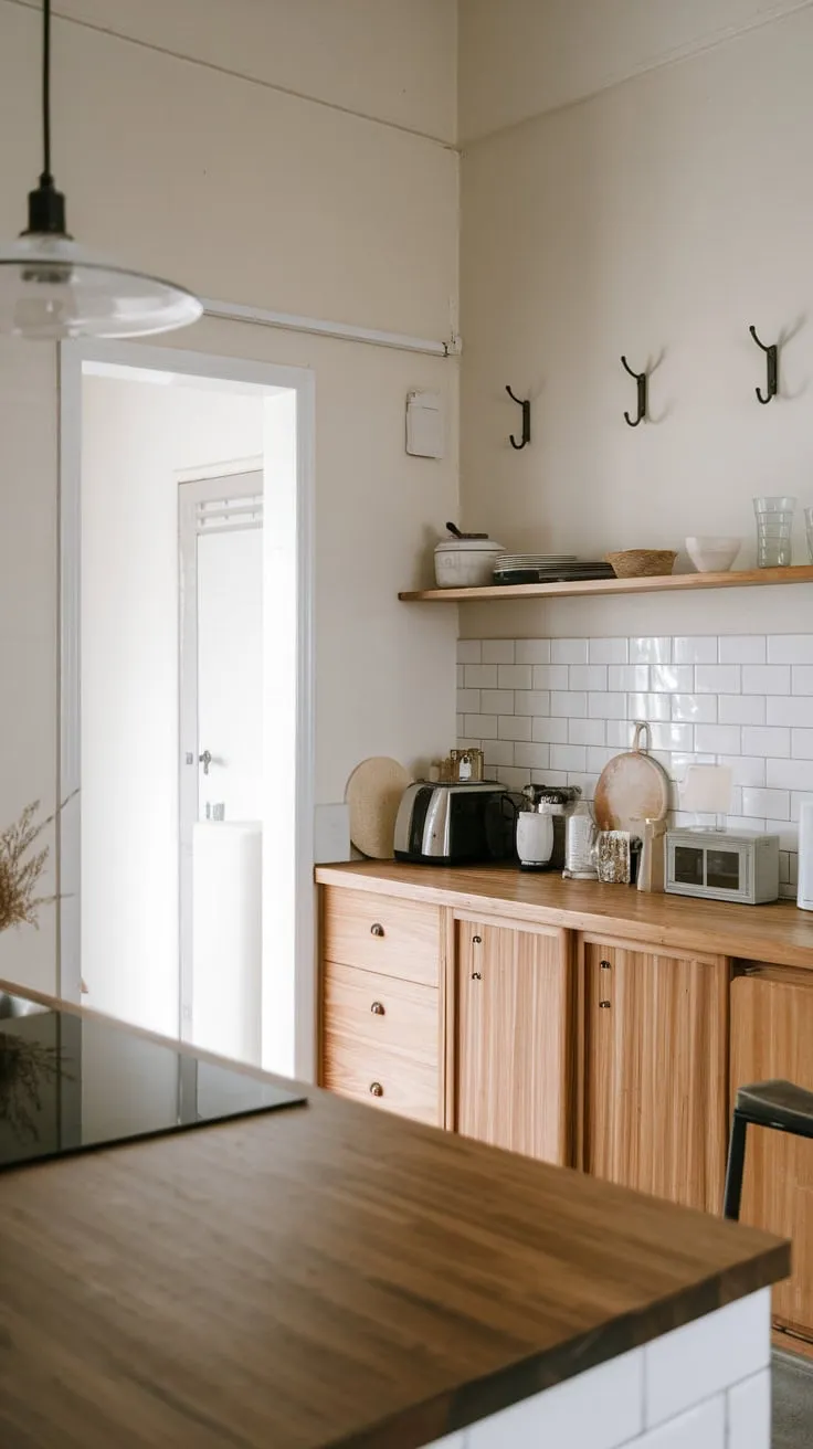 A modern Japandi kitchen showcases simple elegance with its white walls, wooden accents, and minimal appliances.