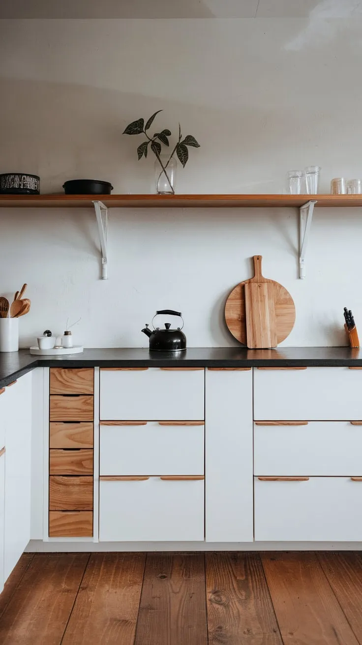 Clean lines and natural wood define this Japandi minimalist kitchen's modern aesthetic