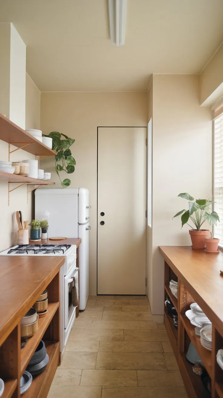 Beige tiles and minimalist white appliances create a calming and functional space in this modern Japandi kitchen.