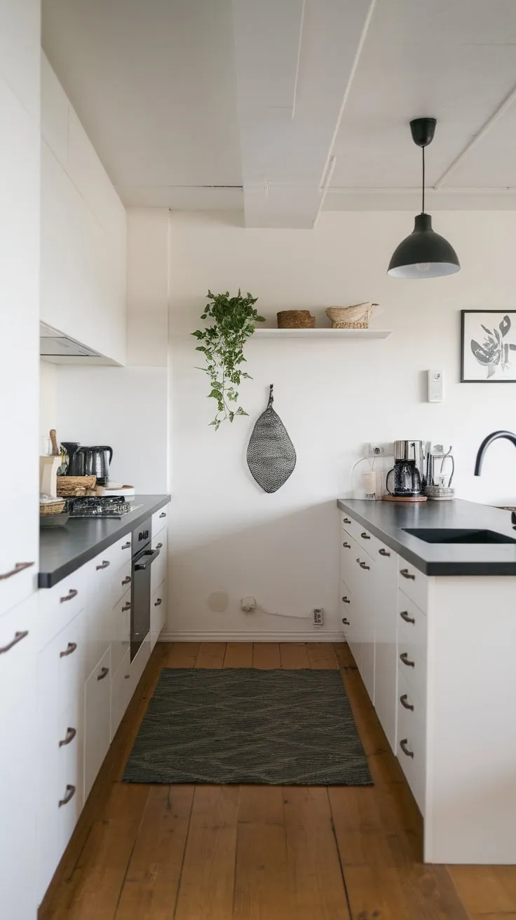 A minimalist Japandi kitchen showcases white cabinets, black countertops, and warm wood, creating a serene and modern space.
