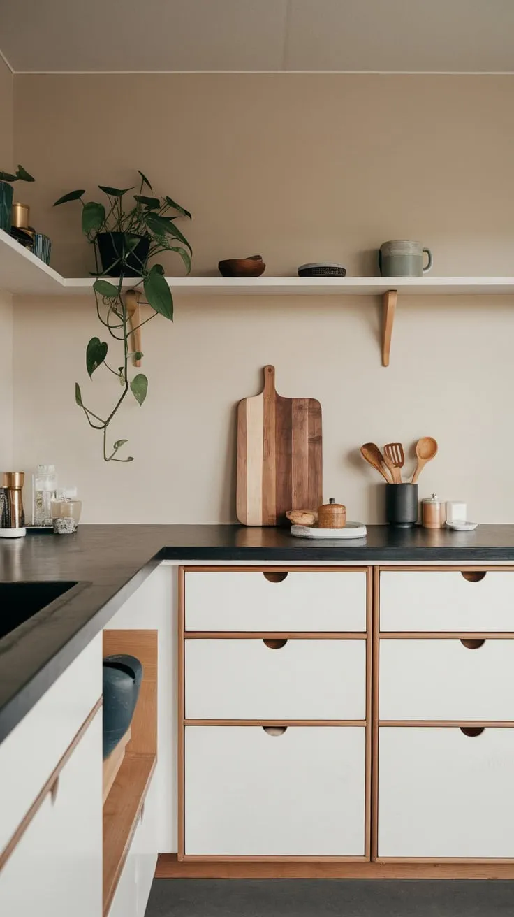 A minimalist Japandi kitchen features a calming blend of white, wood, and dark tones, accented by a touch of greenery.