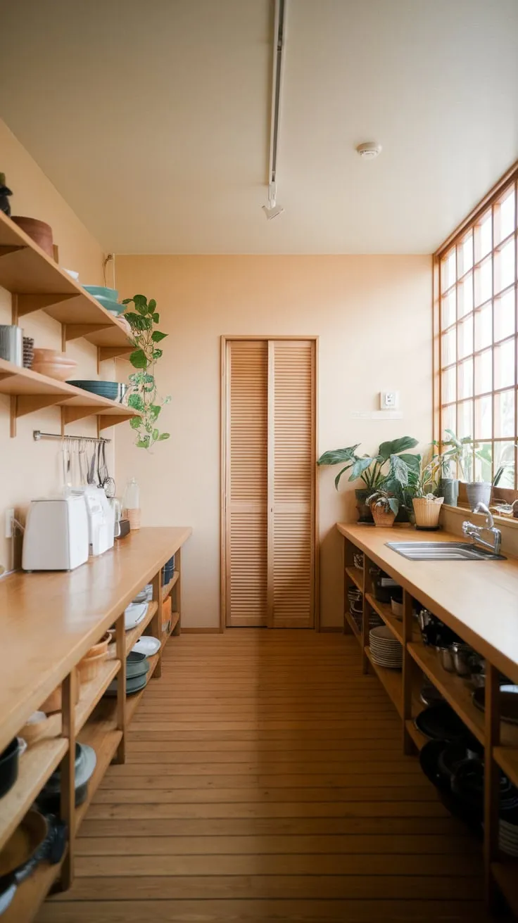 Sunlight streams into a serene Japandi kitchen featuring a minimalist wooden counter, open shelving, and a few carefully chosen plants.
