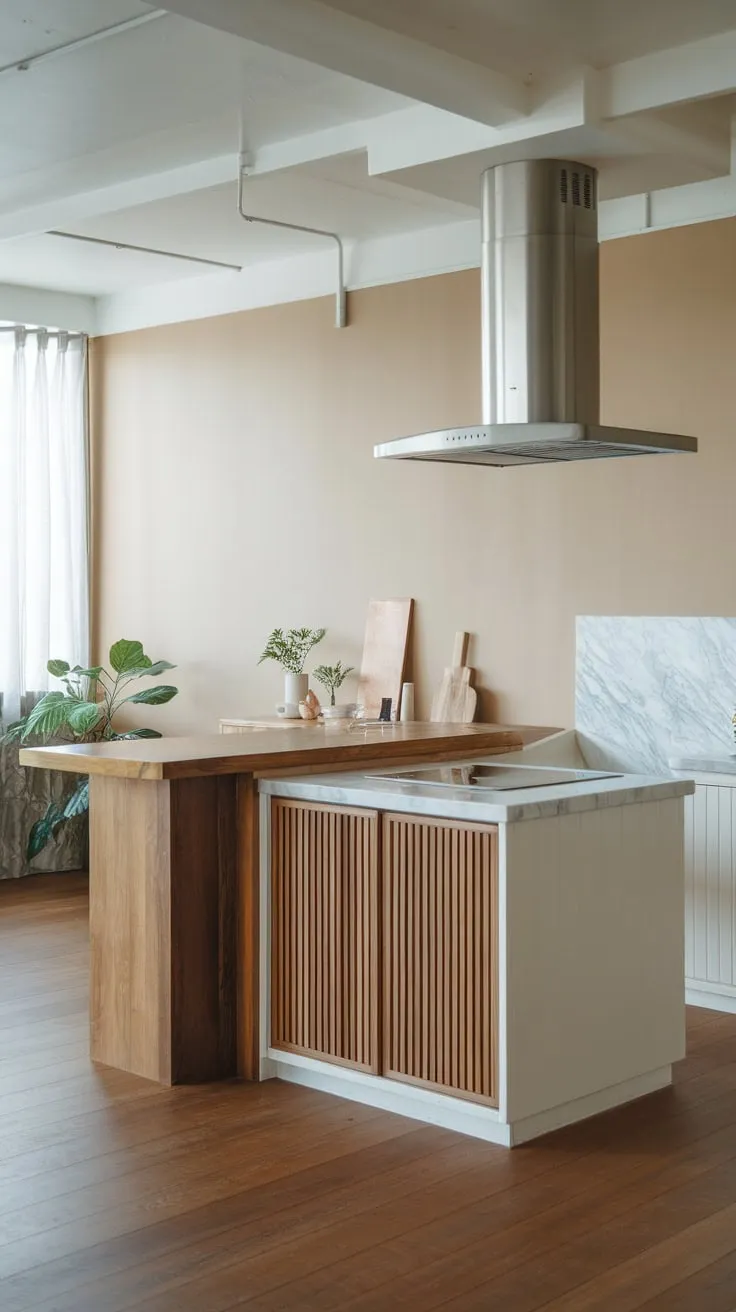 A minimalist Japandi kitchen blends natural wood, sleek stainless steel, and calming beige for a modern, tranquil space.
