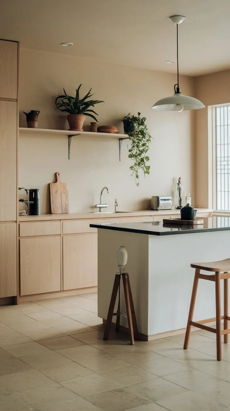 Light wood cabinets and a black-topped white island define this serene Japandi minimalist kitchen.