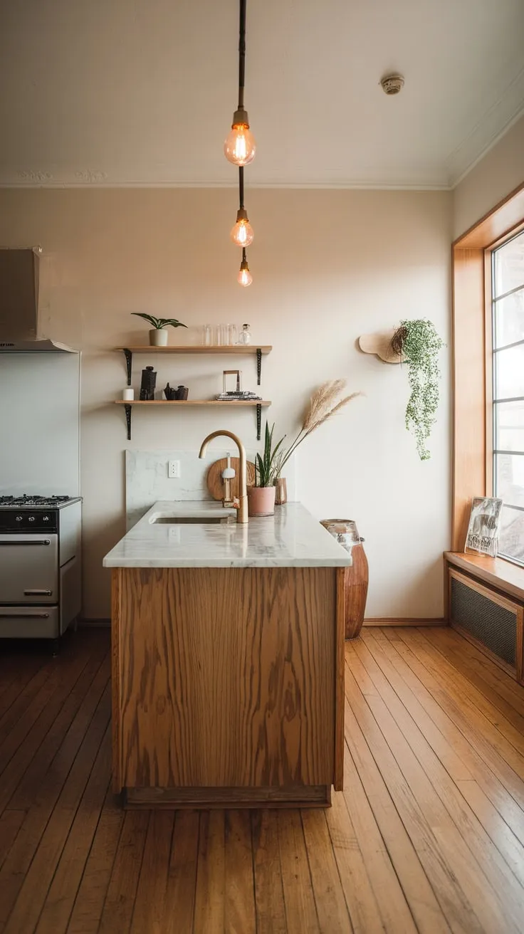 Warm lighting illuminates a serene Japandi kitchen, its minimalist design featuring a wooden island and carefully curated décor.