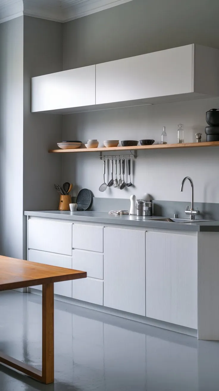Sleek white cabinets and a grey countertop define this Japandi minimalist kitchen, complemented by a wooden dining table and subtle grey tones.