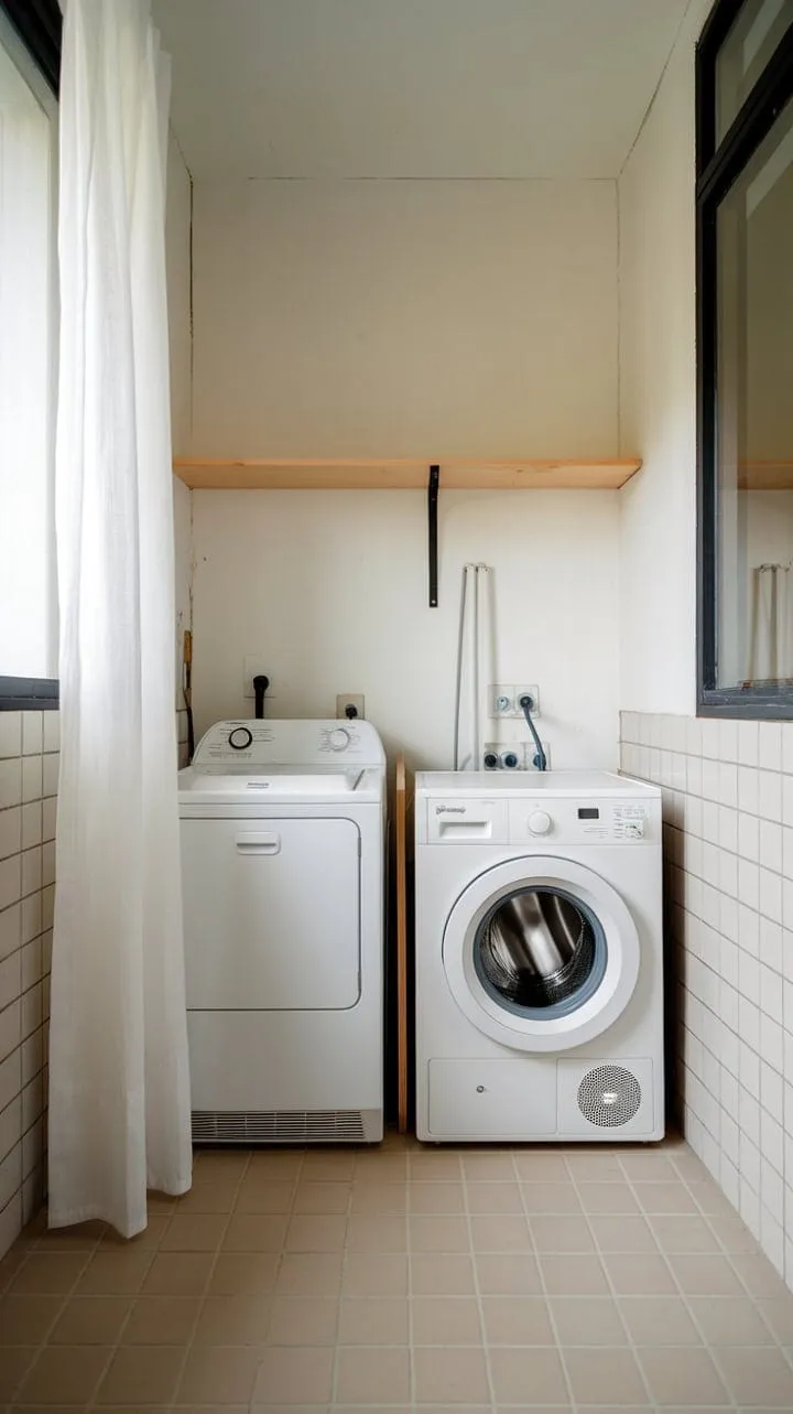 This compact laundry area exemplifies how clever design can turn a small space into a bright, functional, and visually appealing utility room.
