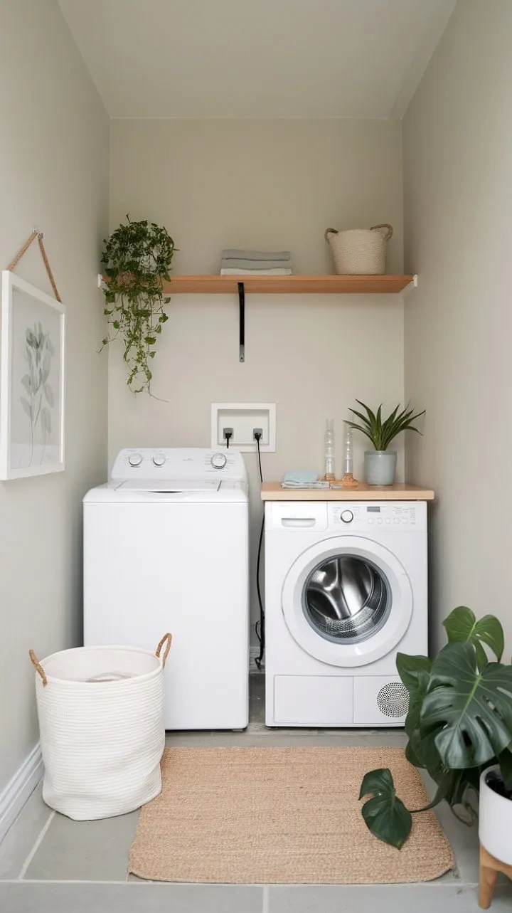 This petite laundry oasis masterfully combines style and functionality with calming grey walls, a wooden shelf, and lush greenery for a serene retreat.