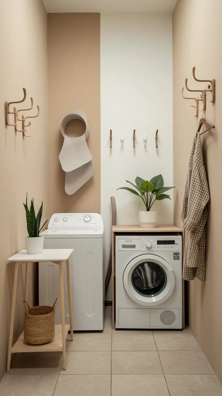 In this minimalist laundry room, smart design transforms a small space into a stylish sanctuary that makes laundry day feel effortless.