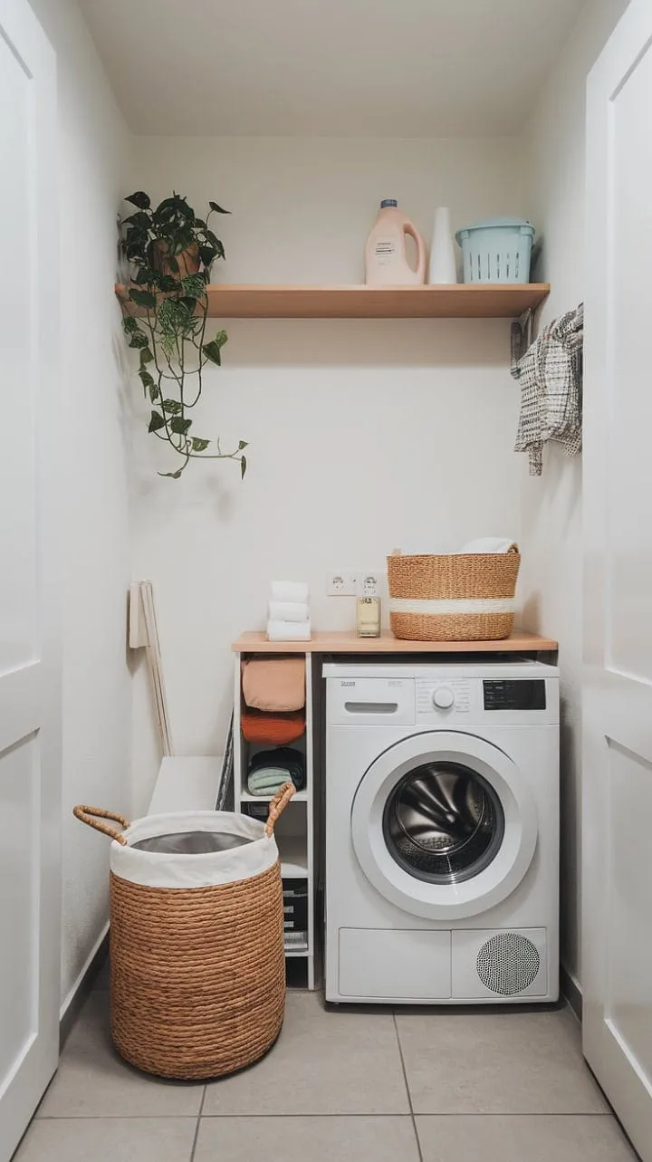 This chic laundry nook masterfully combines smart storage and a harmonious color scheme with vibrant greenery, proving that even small spaces can be both efficient and stylish.