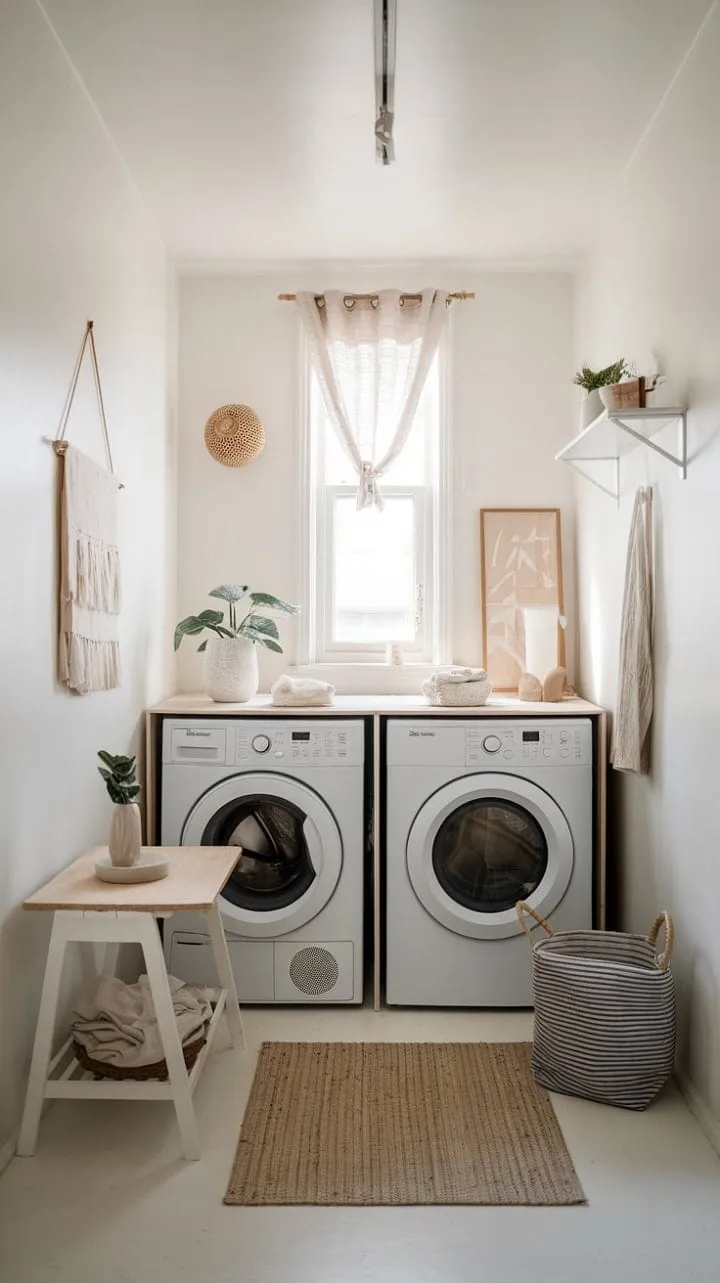 This stylish laundry room masterfully blends modern elegance with cozy warmth, showcasing how smart design can transform a compact space into a clutter-free haven.