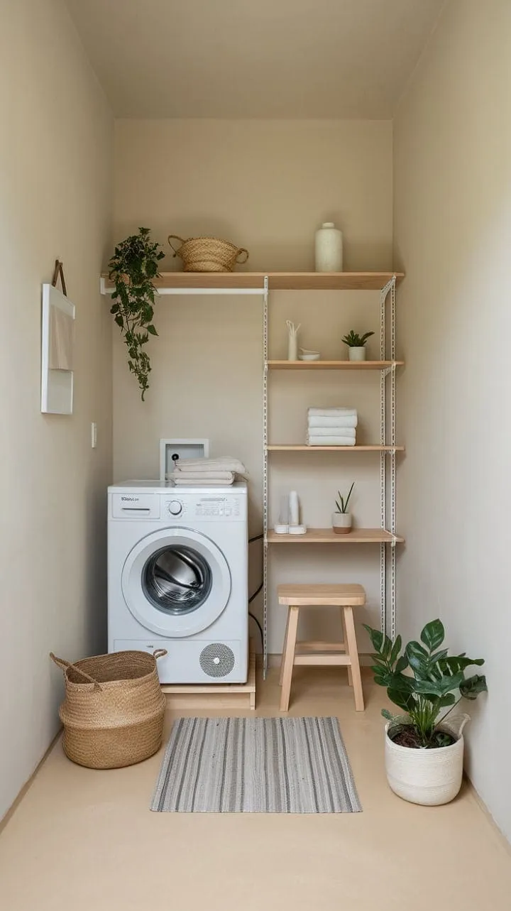 This compact laundry room exemplifies how clever design transforms a small space into a warm and efficient haven.