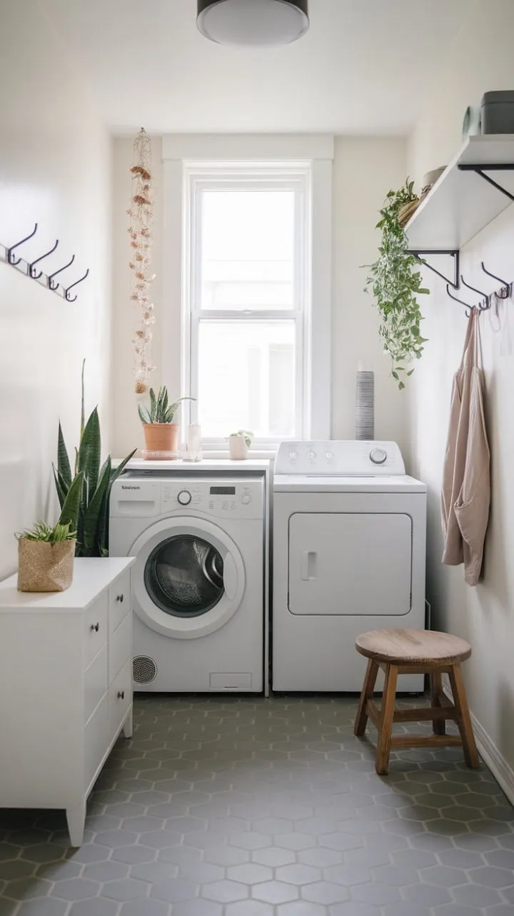 A small laundry room is reimagined into a serene and stylish oasis with clean lines, greenery, and smart storage solutions.