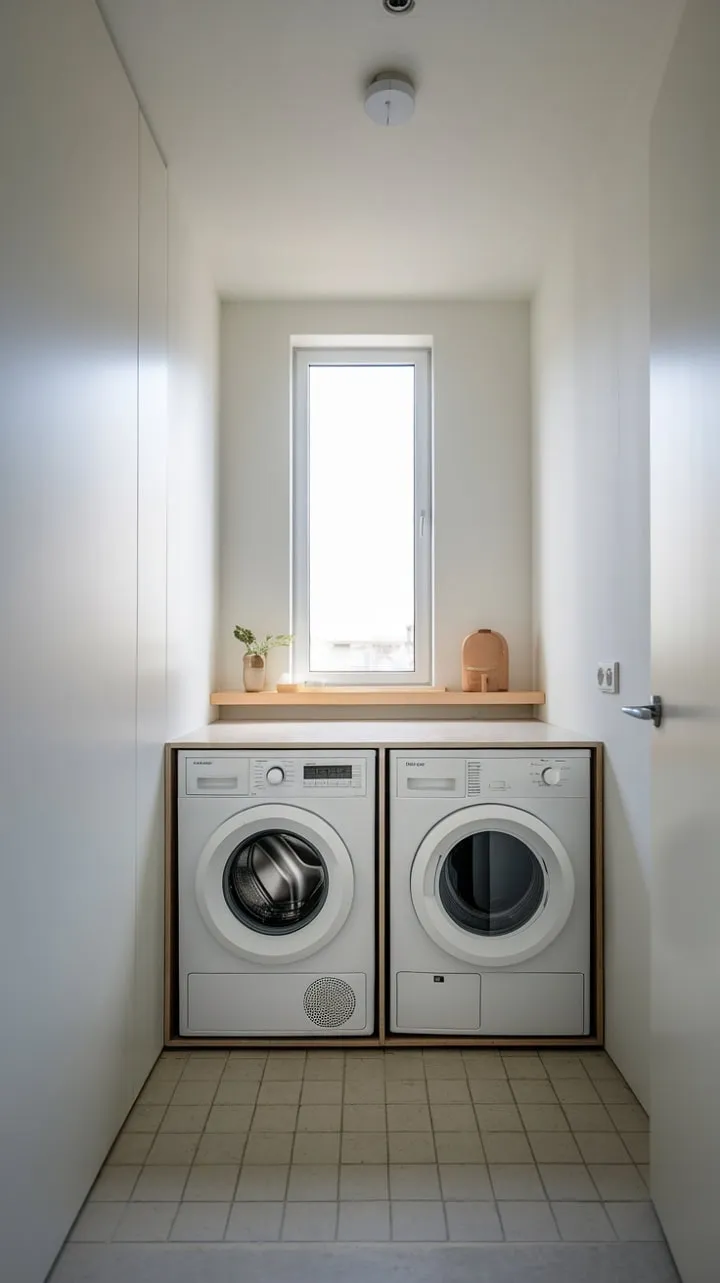 This tiny laundry room exemplifies the art of maximizing space with its seamless blend of practicality and minimalist design, creating a surprisingly spacious and serene atmosphere.