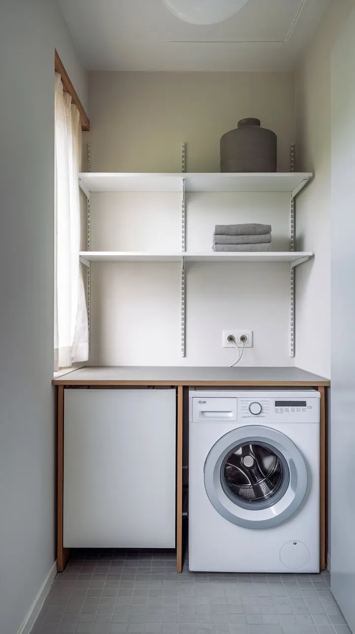 This compact laundry room transforms into a serene retreat with clever storage and a bright, calming white aesthetic enhanced by natural light.