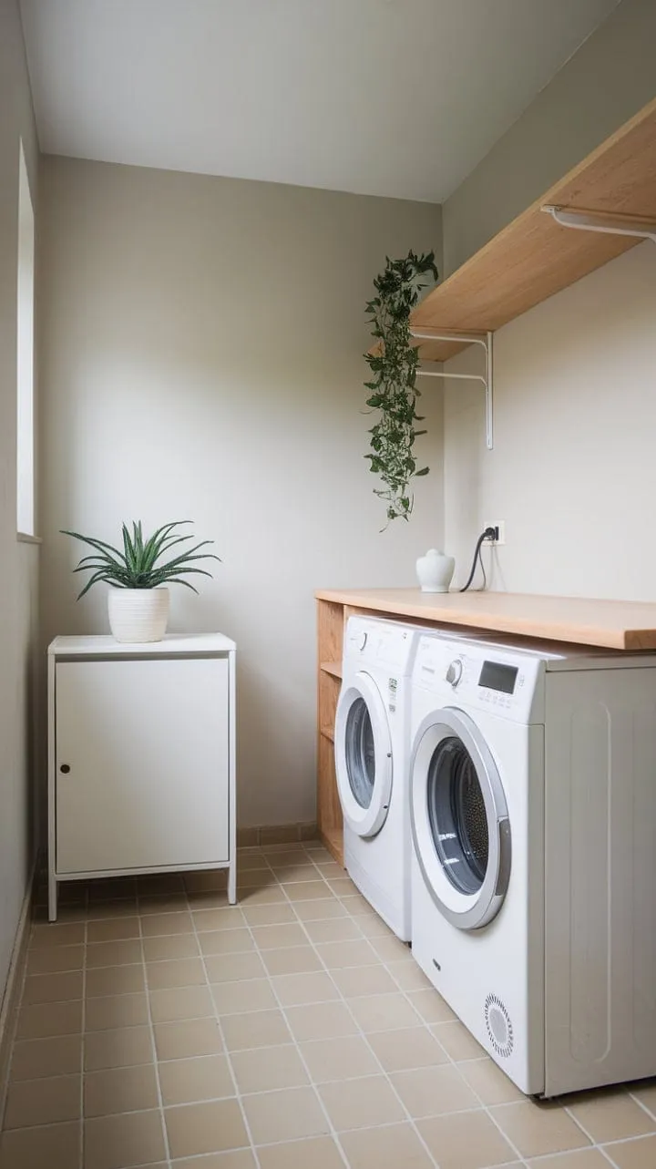 This chic minimalist laundry room showcases how style and functionality can thrive in even the tiniest of spaces.