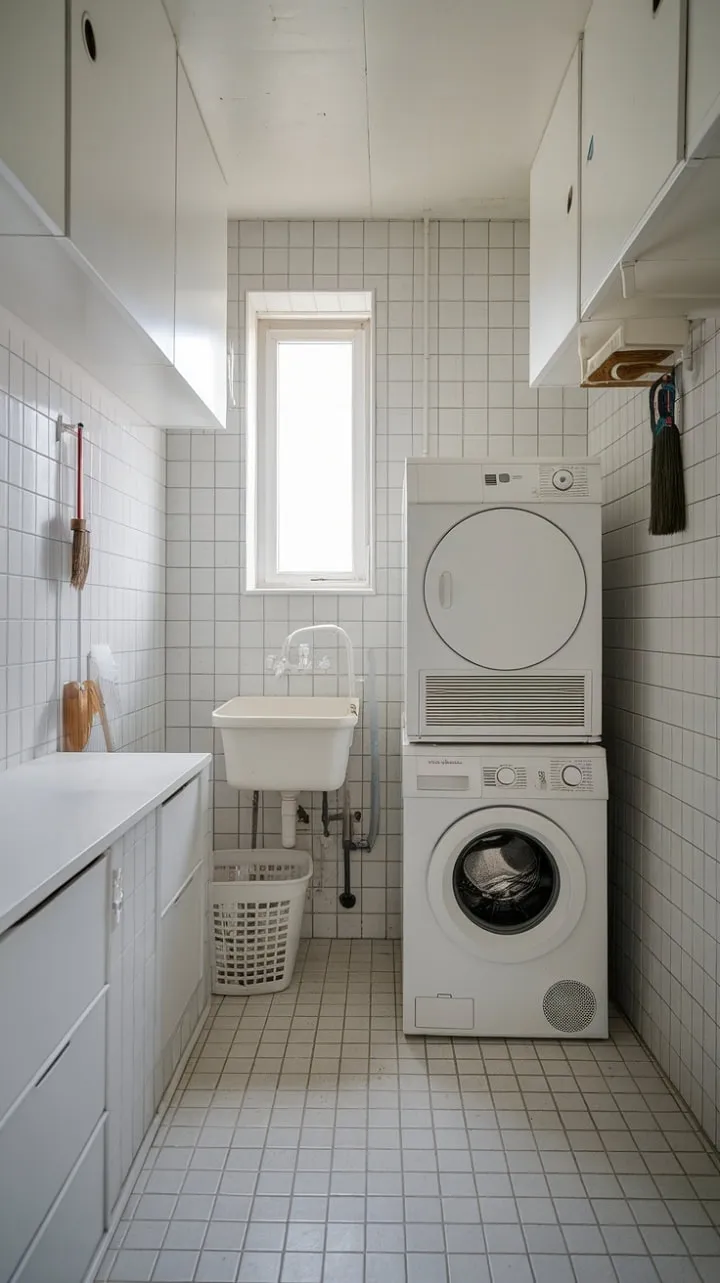 This minimalist laundry room exemplifies how thoughtful design transforms a compact space into a serene sanctuary of efficiency and order.