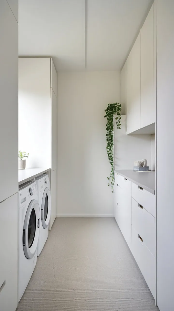 This minimalist laundry room showcases how a compact space can blend functionality and style, enhanced by clean lines, smart organization, and a refreshing touch of greenery.