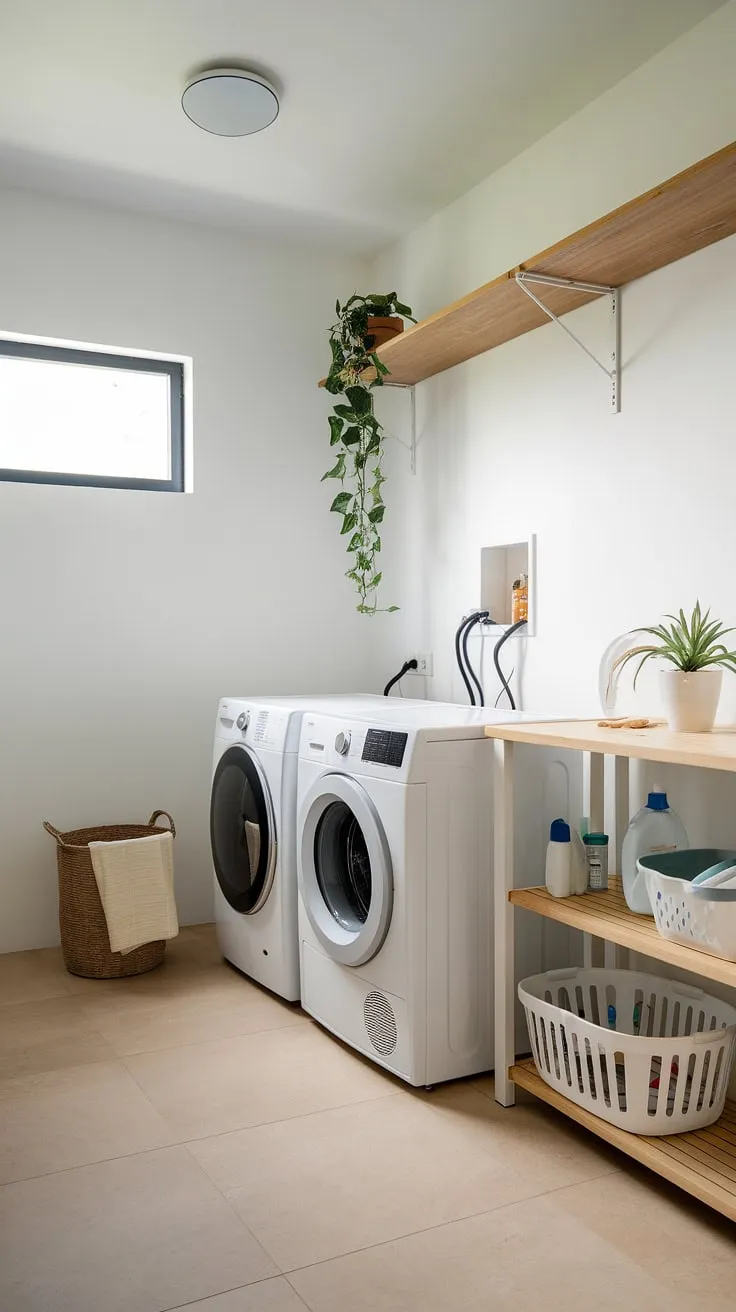 Clean lines, calming vibes, and a perfectly organized space. This minimalist laundry room proves that even utilitarian areas can be stylish and functional. A simple wooden shelf adds warmth, while the natural light streaming through the window brightens the space. A touch of greenery completes the serene atmosphere.