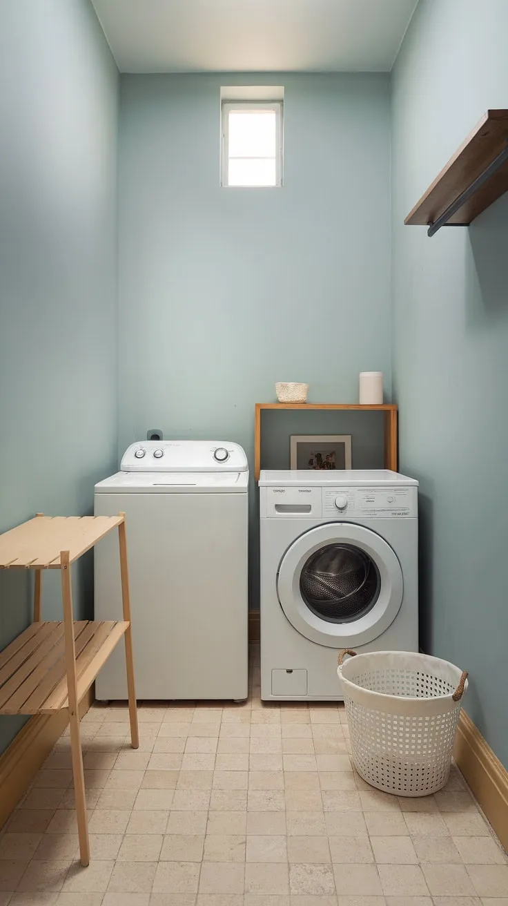 Serene functionality in a compact space. A small footprint doesn't mean sacrificing style; this minimalist laundry room proves it with its calming blue walls and efficient design. A perfect blend of practicality and aesthetic appeal.