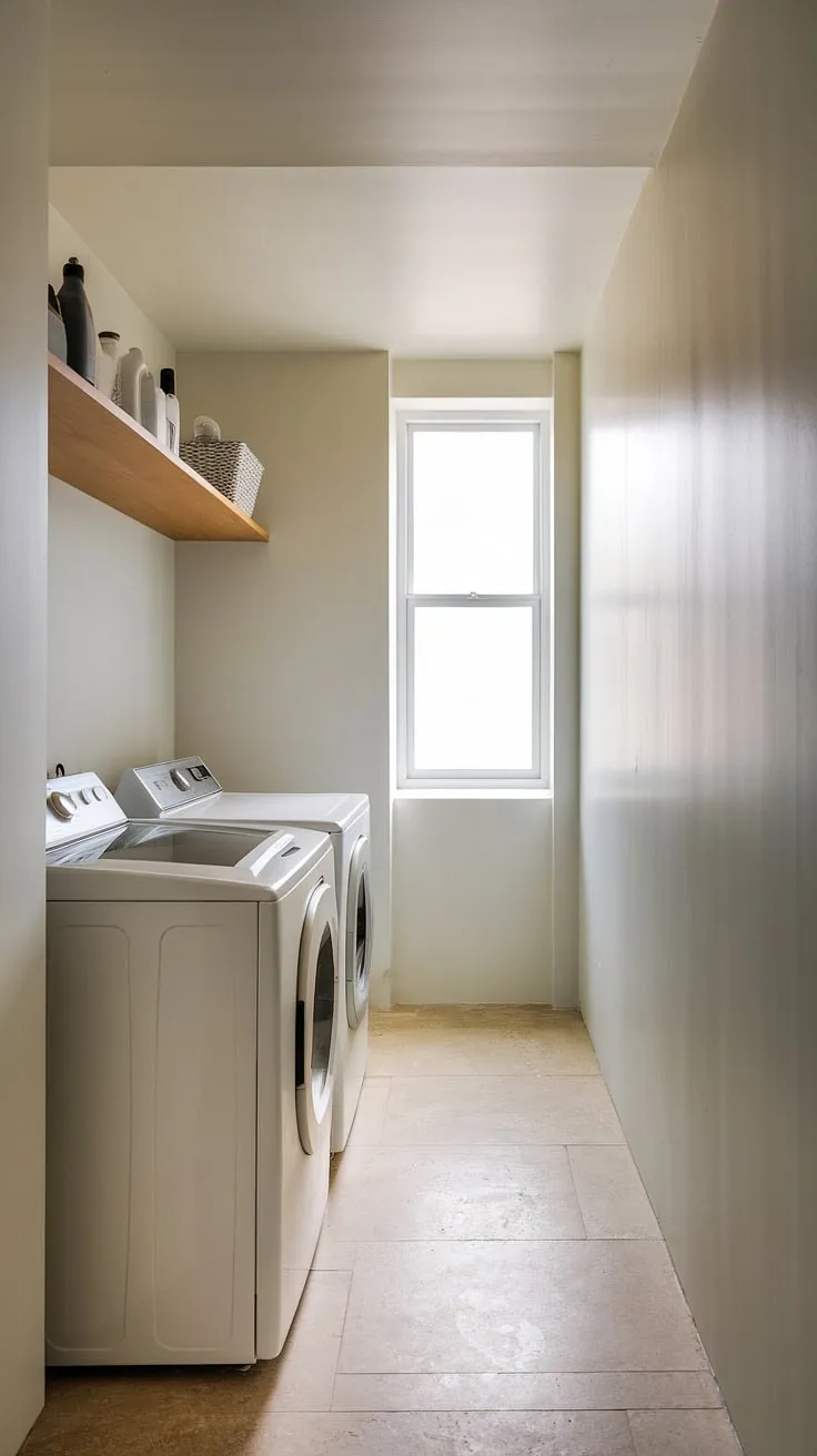 A perfectly planned petite laundry room. The efficient layout maximizes space, with the washer and dryer nestled neatly beside each other. A touch of wood adds warmth against the crisp white walls and beige tile, creating a haven of understated elegance. Natural light from the window completes the serene atmosphere.