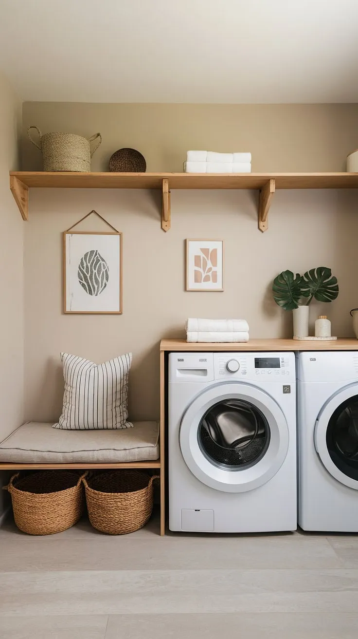 This tiny laundry room transformation is a testament to the power of thoughtful design. A neutral color palette, sleek appliances, and a simple wooden bench create a calm and efficient space, proving that even a small area can be both beautiful and functional. The updated space feels airy and inviting, a welcome change from the mundane.
