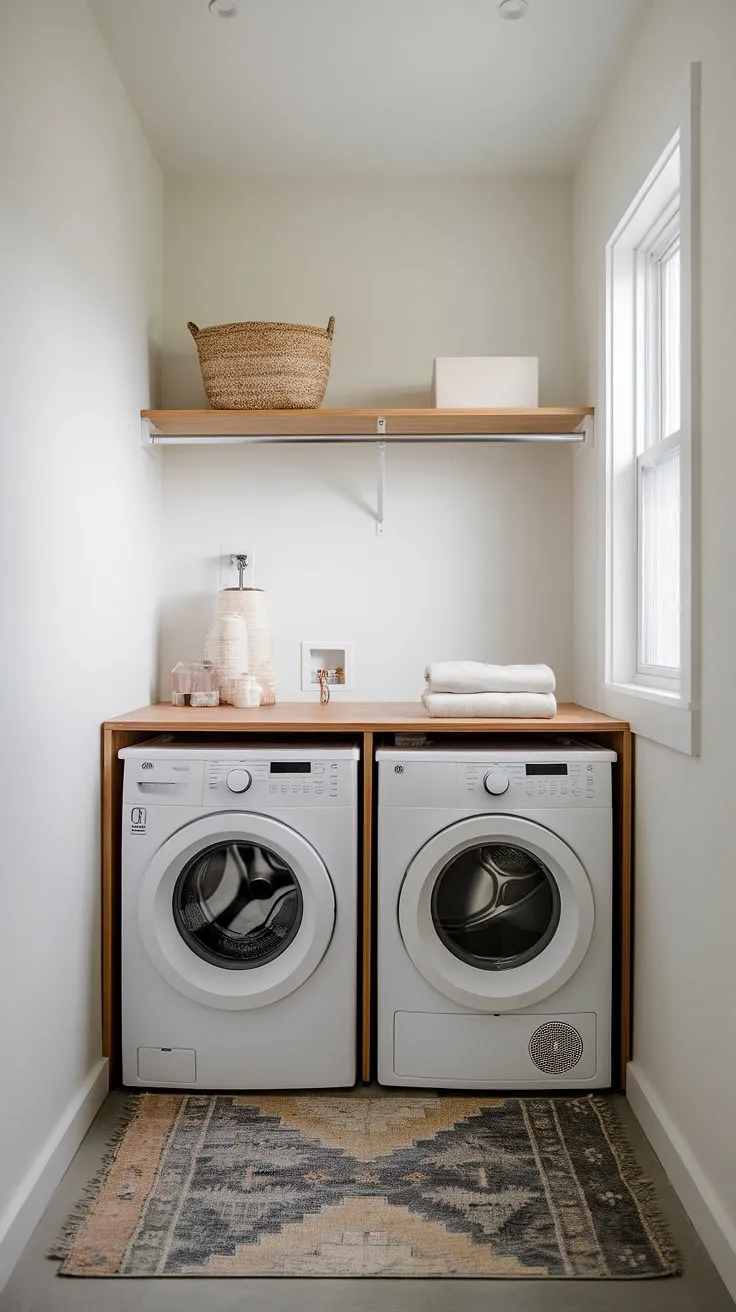 Maximize your mini laundry room with clever design! A well-placed wooden shelf provides extra storage, while a soft rug adds warmth and comfort to this efficient, white-walled space. The natural light streaming in through the window makes even the smallest chore feel a little brighter.