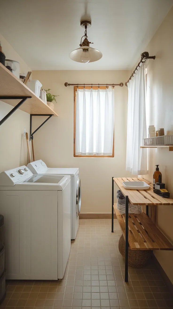 A haven of efficiency and understated elegance. This tiny laundry room showcases how thoughtful design can maximize space and create a serene atmosphere. The white appliances and neutral tones are complemented by the warm wood and soft light, resulting in a space that's both practical and inviting. A true testament to mindful living.